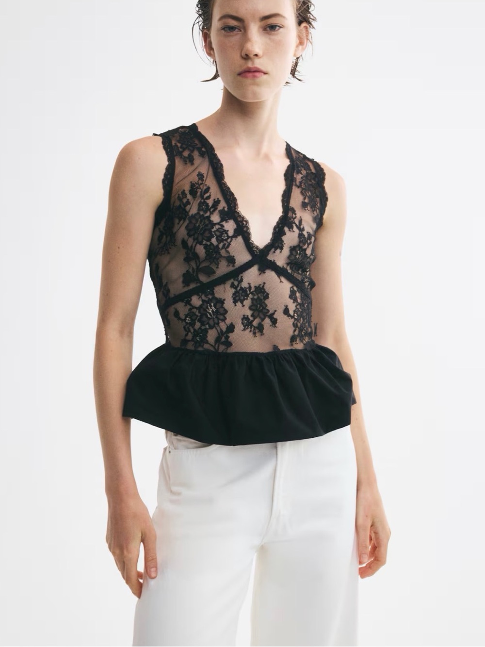 H&M Lace Peplum Top In Black Size XL NWT GORGEOUS